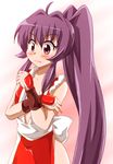  ahoge blush cosplay fatal_fury hair_intakes long_hair pelvic_curtain ponytail purple_eyes purple_hair shiranui_mai shiranui_mai_(cosplay) shishinon solo sugiura_ayano the_king_of_fighters wristband yuru_yuri 