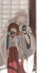  1girl bad_id bad_pixiv_id brown_hair enyon_moon5 female_saniwa_(touken_ranbu) gloves hand_on_another's_face hood japanese_clothes kimono partly_fingerless_gloves saniwa_(touken_ranbu) short_hair smile touken_ranbu tsurumaru_kuninaga white_hair yellow_eyes 