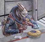  2011 alien blue_eyes claws eating food horn male mass_effect moonecho open_mouth pie sharp_teeth solo teeth tongue tongue_out turian venari_pallin video_games 