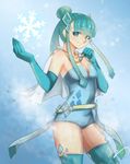  bangs bare_shoulders belt blue_eyes blue_gloves blue_legwear breasts capelet cleavage elbow_gloves gen_4_pokemon glaceon gloves hair_ornament jewelry kang_rag necklace personification pokemon ponytail ribbon snowflakes solo thighhighs 