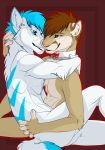  2018 5_fingers abs anthro anthro_on_anthro blue_eyes blue_fur blue_hair brown_fur brown_hair butt canine cougar cuddling digital_media_(artwork) duo eye_contact feline fox fur green_eyes hair hand_on_hip hand_on_neck hand_on_shoulder holding_partner hug hybrid jewelry jug male male/male mammal markings muscular muscular_male necklace nude patrikthedog pecs pink_nose romantic_couple simple_background sitting smile tan_fur teeth whiskers white_fur wolf 