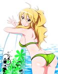  ahoge ass bikini blonde_hair breasts butt_crack green_bikini green_eyes hoshii_miki idolmaster idolmaster_(classic) jabara_tornado large_breasts long_hair looking_at_viewer ocean ponytail sideboob solo surfboard swimsuit trefoil 