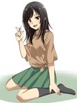  :d bad_id bad_pixiv_id black_hair black_legwear blush brown_eyes bug butterfly butterfly_on_hand collarbone full_body garaguba ichijou_hotaru insect kneehighs long_hair non_non_biyori open_mouth pleated_skirt shirt short_sleeves sitting skirt smile solo tied_shirt wariza white_background 