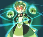  apron aura bad_end bloody_marie_(skullgirls) bloody_marie_(skullgirls)_(cosplay) commentary_request cosplay frills glowing glowing_eyes hair_ornament maid_headdress nappooz peacock_(skullgirls) red_eyes short_hair silver_hair skull skull_heart skullgirls solo 