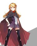  ascot bangs black_legwear blonde_hair bracelet breasts cape cloak hair_between_eyes hand_on_hip jewelry kurosaki_ruri legs_apart long_hair looking_at_viewer miniskirt multicolored_hair orange_hair pink_eyes pleated_skirt ribbon school_uniform serious simple_background sketch skirt small_breasts solo standing tarishite_(appolite01) thighhighs torn_cape torn_clothes torn_legwear two-tone_hair yuu-gi-ou yuu-gi-ou_arc-v zettai_ryouiki 