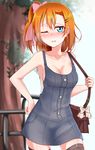  bag blue_eyes blush breasts cleavage collarbone hair_ornament hairclip hand_on_hip handbag highres kousaka_honoka love_live! love_live!_school_idol_project medium_breasts mocchi_(shooter1016) naked_overalls one_eye_closed one_side_up orange_hair overall_skirt overalls sideboob solo thighhighs zettai_ryouiki 