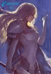  1girl armor blonde_hair blue_background breasts cape claymore_(series) commentary_request copyright_name light_smile long_hair medium_breasts painterly photoshop_(medium) solo sword teresa_(claymore) weapon yinwoeren 