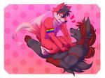  2015 anthro blue_eyes canine cute fur hair invalid_tag johnfreak lying male male/male mammal on_top pink_fur pounce rainbow red_fur smile young 