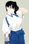  arm_behind_head bangs black_hair blue_eyes blunt_bangs grey_background highres japanese_clothes kaga_(kantai_collection) kantai_collection kimono looking_at_viewer no_lineart pale_skin side_ponytail simple_background sohin solo 