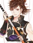  bad_id bad_pixiv_id brown_eyes brown_hair fire_emblem fire_emblem_if gauntlets highres hinata_(fire_emblem_if) katana male_focus ponytail scar solo sword weapon white_background yaki_(4491487) 