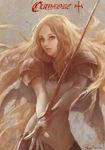  armor blonde_hair cape claymore copyright_name light_smile long_hair painterly silver_eyes simple_background solo sword teresa_(claymore) weapon yinwoeren 