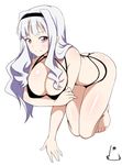  ass barefoot bikini breast_hold breasts cleavage hairband idolmaster idolmaster_(classic) jabara_tornado large_breasts long_hair looking_at_viewer purple_eyes shijou_takane silver_hair solo swimsuit 