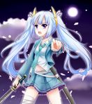  blazer blue_eyes blue_hair hair_ornament ishida-masamune_kiriko jacket long_hair navel necktie open_mouth pointing shinken!! skirt solo sword twintails weapon 