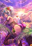  akari1205 ass blue_eyes blush dark_skin flower from_behind hair_flower hair_ornament harem_outfit high_heels jewelry long_hair looking_at_viewer looking_back original ponytail smile solo sunset white_hair 