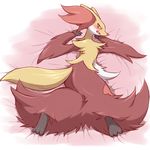  ambiguous_gender anthro bed blush delphox kajinchu looking_at_viewer looking_back lying nintendo on_bed on_front open_mouth pok&eacute;mon red_eyes solo sweat video_games 
