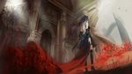  animal back bird black_hair black_legwear breasts bzerox dress flower high_heels highres kamishiro_rize long_dress long_hair looking_at_viewer looking_back low-tied_long_hair medium_breasts off_shoulder pale_skin red_eyes solo thighhighs tokyo_ghoul 