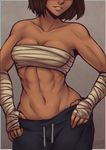  abs alternate_hair_length alternate_hairstyle avatar_(series) bare_shoulders breasts brown_hair chromatic_aberration cleavage collarbone dark_skin hand_wraps head_out_of_frame iahfy korra light_smile medium_breasts muscle muscular_female navel no_shirt pants sarashi short_hair solo the_legend_of_korra track_pants 