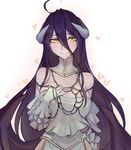  ahoge albedo bare_shoulders black_hair blush breasts chain cleavage demon_girl detached_collar gloves hair_between_eyes heart horns large_breasts long_hair looking_at_viewer overlord_(maruyama) simple_background smile solo very_long_hair walzrj white_background white_gloves yellow_eyes 