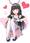  animal_ears bad_id bad_pixiv_id black_hair bunny_ears collarbone dress elin_(tera) garters gloves heart heart_hands highres konka long_hair mary_janes one_eye_closed open_mouth shoes solo tera_online thighhighs white_gloves white_legwear 