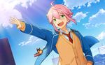  ahoge blazer blush cloud day ensemble_stars! game_cg green_eyes himemiya_touri jacket male_focus necktie official_art pink_hair school_uniform sidelocks sky smile solo stuffed_animal stuffed_toy teddy_bear yumenosaki_school_uniform 