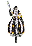  absurdres armor armored_dress black_footwear black_hair cross dress gauntlets highres long_hair maid maid_headdress narberal_gamma official_art overlord_(maruyama) so-bin solo staff white_background 