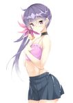  akebono_(kantai_collection) arched_back bangs bare_arms bare_shoulders bell black_choker black_skirt blush body_mahattaya_ginga breasts choker collarbone commentary_request cowboy_shot crop_top eyebrows_visible_through_hair eyes_visible_through_hair flower frills from_side hair_bell hair_between_eyes hair_flower hair_ornament hands_on_own_chest jingle_bell kantai_collection long_hair looking_at_viewer looking_to_the_side midriff pleated_skirt purple_eyes purple_hair side_ponytail simple_background skirt small_breasts solo spaghetti_strap swimsuit tank_top wavy_mouth white_background 