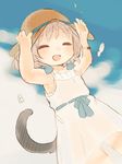  :d blue_bow blue_sky blush bow bracelet cat cat_tail child closed_eyes cloud cloudy_sky collarbone dress hat jewelry okayu_(headless) open_mouth sanya_v_litvyak short_hair silver_hair sky smile solo strike_witches sun_hat tail white_dress world_witches_series 