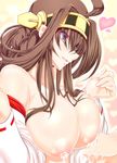  1girl ahoge bad_id bad_pixiv_id bare_shoulders blush breast_feeding breast_sucking breasts brown_hair detached_sleeves double_bun hair_over_breasts hairband headgear heart highres kantai_collection karucho kongou_(kantai_collection) lactation large_breasts long_hair nipples purple_eyes ribbon-trimmed_sleeves ribbon_trim smile 