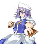  blue_eyes blush breasts card hat letty_whiterock looking_at_viewer medium_breasts parody purple_hair short_hair smile solo touhou upper_body white_background yet_you yuu-gi-ou 
