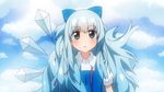  alternate_hair_length alternate_hairstyle bad_id bad_pixiv_id blue_eyes blue_hair blue_sky blush bow cirno cloud day hair_bow ice ice_wings long_hair mikomiko_(mikomikosu) open_mouth sky solo touhou very_long_hair wings 
