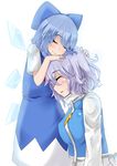  blue_dress bow cirno closed_eyes commentary dress hair_bow highres hug ice ice_wings letty_whiterock multiple_girls short_hair smile touhou white_background wings yet_you 