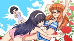  angry bikini black_hair blush bob_cut bow_bikini brown_eyes commentary girls_und_panzer glasses hairband looking_at_viewer looking_back lying multiple_girls on_back on_stomach one-piece_swimsuit orange_eyes orange_hair pointing print_swimsuit red-framed_eyewear reizei_mako semi-rimless_eyewear shinmai_(kyata) short_hair sono_midoriko standing striped striped_bikini swimsuit takebe_saori under-rim_eyewear 