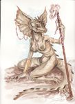  2015 anklet anthro armband bracer breasts digitigrade ear_piercing female frill furry-specific_piercing jewelry lizard lizard_queen necklace old piercing pussy red_eyes reptile ring sandy_schreiber scalie skull solo staff traditional_media_(artwork) watercolor_(artwork) 