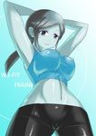 big_breasts breasts brown_hair clothed clothing eyeshadow hair happy long_hair looking_at_viewer makeup nipples ponytail pussy smile wii_fit_trainer 