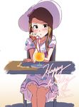  blush brown_hair chin_rest cocktail crazy_straw dated drinking_straw happy_birthday hat heart_straw idolmaster idolmaster_(classic) long_hair looking_at_viewer minase_iori narumi_nanami purple_eyes sitting solo sun_hat table 