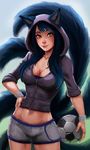  ahri animal_humanoid big_breasts black_hair breasts canine clothed clothing eyeshadow female football fox fox_humanoid furry_tail hair happy humanoid invalid_tag league_of_legends looking_at_viewer makeup mammal smile solo video_games yellow_eyes 