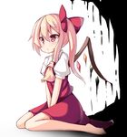  ascot barefoot blonde_hair bow dress flandre_scarlet hair_bow no_hat no_headwear ominaeshi_(takenoko) puffy_short_sleeves puffy_sleeves red_dress red_eyes shirt short_sleeves side_ponytail sitting solo touhou v_arms wariza wings 