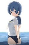  arms_behind_back blue_eyes blue_hair blush kamishiro_sui kichihachi looking_at_viewer looking_back short_hair solo swimsuit tokyo_7th_sisters wading water wet 