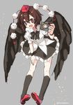  :d black_legwear black_wings blush bow breasts brown_eyes brown_hair camera fang frilled_skirt frills full_body kyouda_suzuka leaning_forward looking_at_viewer medium_breasts miniskirt open_mouth pigeon-toed pom_pom_(clothes) red_footwear shameimaru_aya shoes skirt smile socks solo touhou wings wristband 