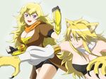  2girls akame_ga_kill! blonde_hair breasts cat_ears claws crossover fighting gauntlets huge_breasts jacket kimmy77 large_breasts leone long_hair multiple_girls open_mouth purple_eyes rwby scarf simple_background smile weapon yang_xiao_long yellow_eyes 