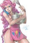  apron commentary_request hertro mixing_bowl my_little_pony my_little_pony_friendship_is_magic naked_apron personification phone pink_hair pinkie_pie solo whisk 