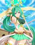  absurdres alternate_costume arm_up armpits blush breasts cleavage cloud cowboy_shot day green_hair green_heart highres holding holding_weapon large_breasts long_hair midriff navel neptune_(series) planeptune pleated_skirt polearm ponytail purple_eyes skirt sly solo spear symbol-shaped_pupils very_long_hair weapon wings 