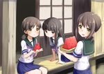  ame. black_hair blue_skirt brown_eyes brown_hair closed_mouth commentary_request eating food fruit fubuki_(kantai_collection) hatsuyuki_(kantai_collection) kantai_collection long_hair low_twintails multiple_girls open_mouth pleated_skirt school_uniform serafuku shirayuki_(kantai_collection) short_hair short_sleeves skirt twintails watermelon 