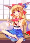  bare_arms barefoot belt blonde_hair bow enjoy_mix fang food fruit hair_bow horn_ribbon horns ibuki_suika long_hair oni_horns open_mouth red_eyes ribbon shirt sitting skirt sleeveless sleeveless_shirt smile touhou veranda very_long_hair watermelon wrist_cuffs 