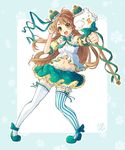  1girl bare_shoulders bird bloomers blush bow brown_hair crown detached_sleeves highres long_hair looking_at_viewer love_live! love_live!_school_idol_festival love_live!_school_idol_project minami_kotori mismatched_legwear navel open_mouth puffy_sleeves ribbon scepter skirt smile snowflakes solo striped striped_bow striped_legwear thighhighs underwear vertical-striped_legwear vertical_stripes yellow_eyes zettai_ryouiki 