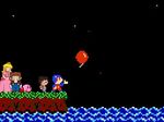  3boys artist_request balloon balloon_fight black_hair blonde_hair doubutsu_no_mori dress iwata_satoru kirby kirby_(series) mario mario_(series) mother_(game) mother_2 multiple_boys ness night night_sky nintendo ocean pink_dress pixel_art plumber princess_peach sky star_(sky) starry_sky super_mario_bros. 