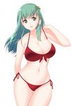  bad_id bad_pixiv_id bikini breasts cleavage collarbone frog_hair_ornament front-tie_top green_eyes green_hair hair_ornament highres kochiya_sanae large_breasts long_hair looking_at_viewer navel open_mouth red_bikini shiny shiny_skin side-tie_bikini skindentation smile solo swimsuit thigh_gap touhou x&amp;x&amp;x 