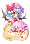  ascot bat_wings blue_hair blush brooch cake chibi dress finger_to_mouth food food_on_face fruit hat jewelry kyouda_suzuka looking_at_viewer minigirl mob_cap remilia_scarlet sitting sitting_on_object solo strawberry strawberry_swiss_roll swiss_roll touhou wings wrist_cuffs 