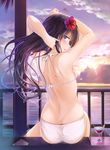  ass bikini black_hair blue_eyes blush breasts flower from_behind hair_flower hair_ornament hibiscus long_hair looking_at_viewer looking_back original sitting small_breasts solo sunset swimsuit white_bikini wingheart 