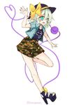  :d aqua_eyes baymax big_hero_6 blush camouflage camouflage_skirt contemporary denim denim_jacket full_body green_hair heart heart_of_string high_heels komeiji_koishi kyouda_suzuka open_mouth shirt short_hair skirt smile solo touhou waving 